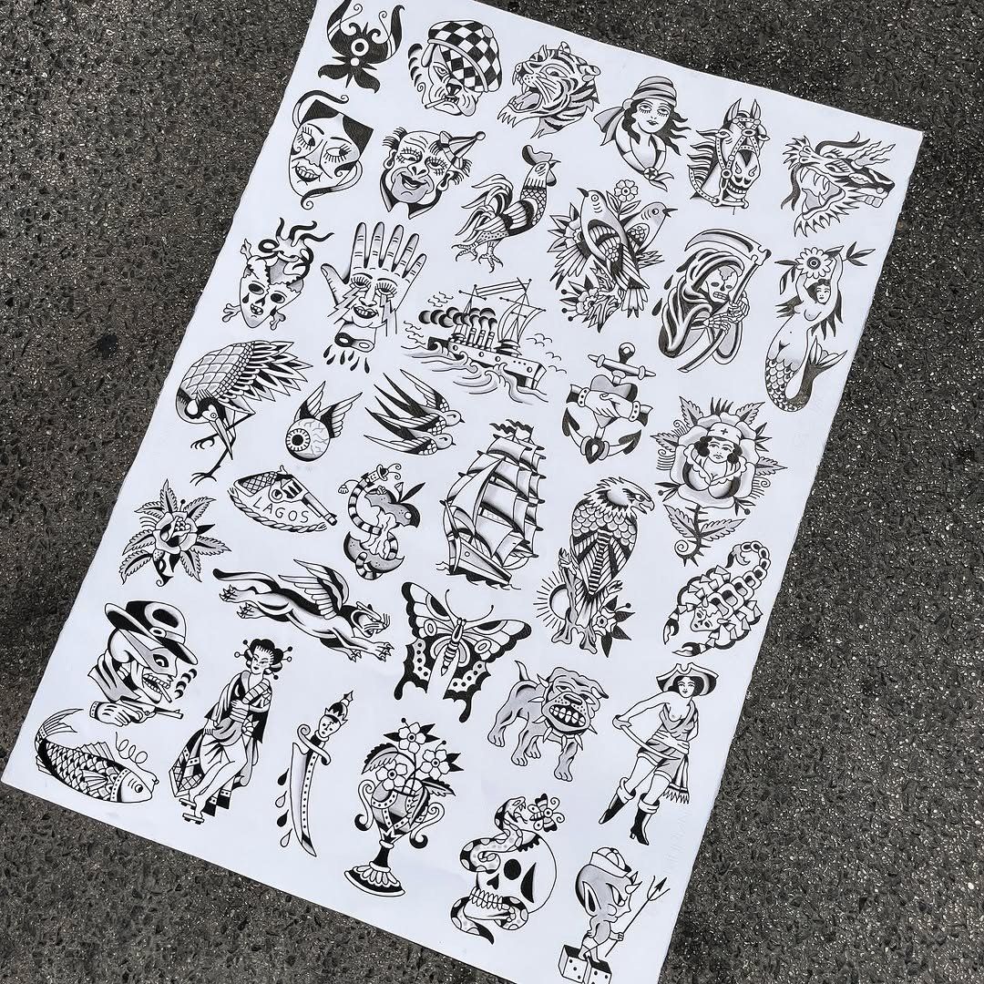 Folha de flash com dezenas de desenhos a preto sobre papel branco